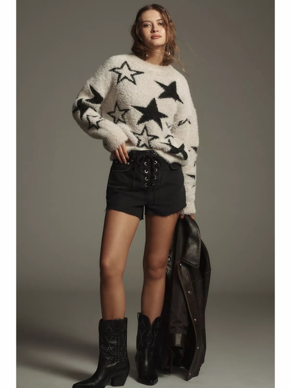Anthropologie Pilcro Star Patterned Eyelash Sweater Size S Ivory Black Crewneck - Picture 2 of 10